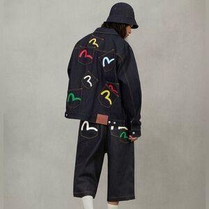 Evisu Denim Jacket Varsity Seagull Print Colorful Multi-Pocket Heavy Thick Denim